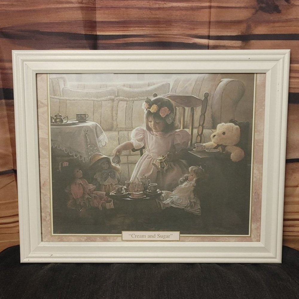 Vintage White Wood Framed Photo/Print Greg Olsen's " Cream & Sugar " 12"x15"